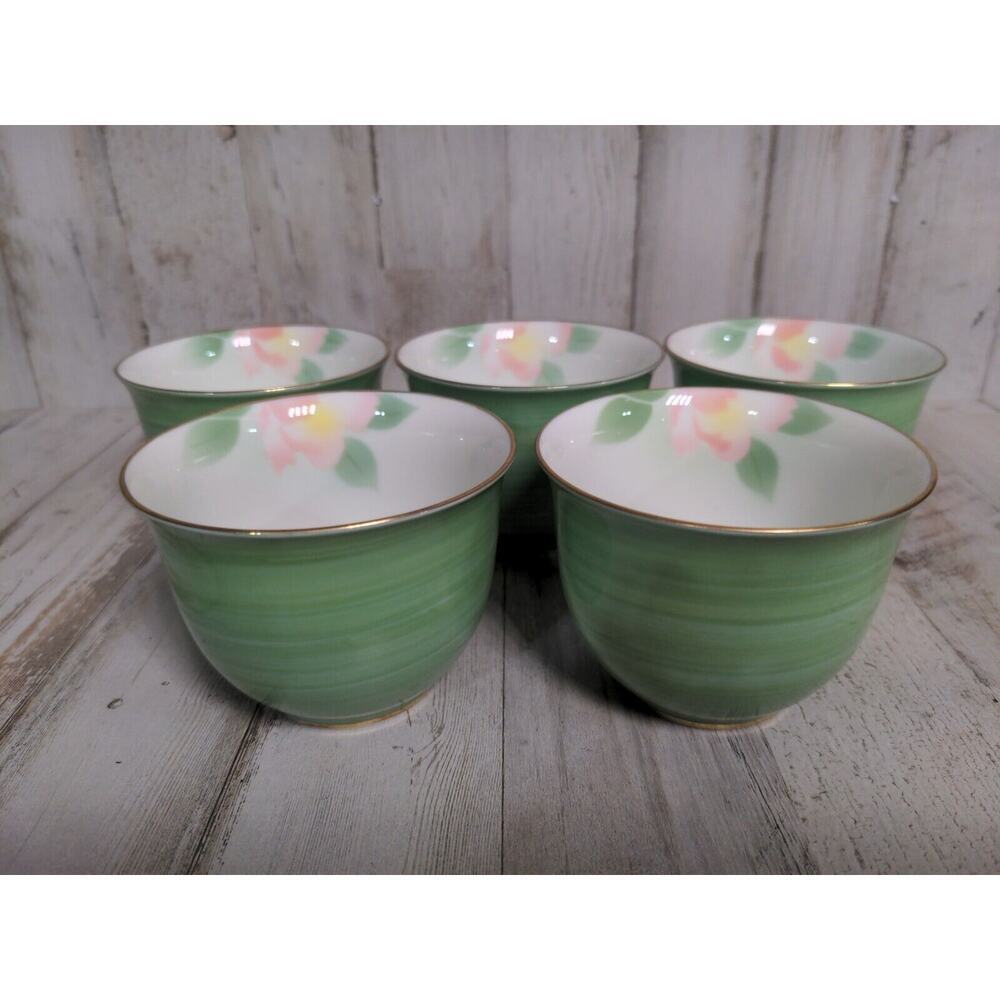 Japanese Arita-ware Tea Cups 5pcs, mint‎ green w floral, gold trim